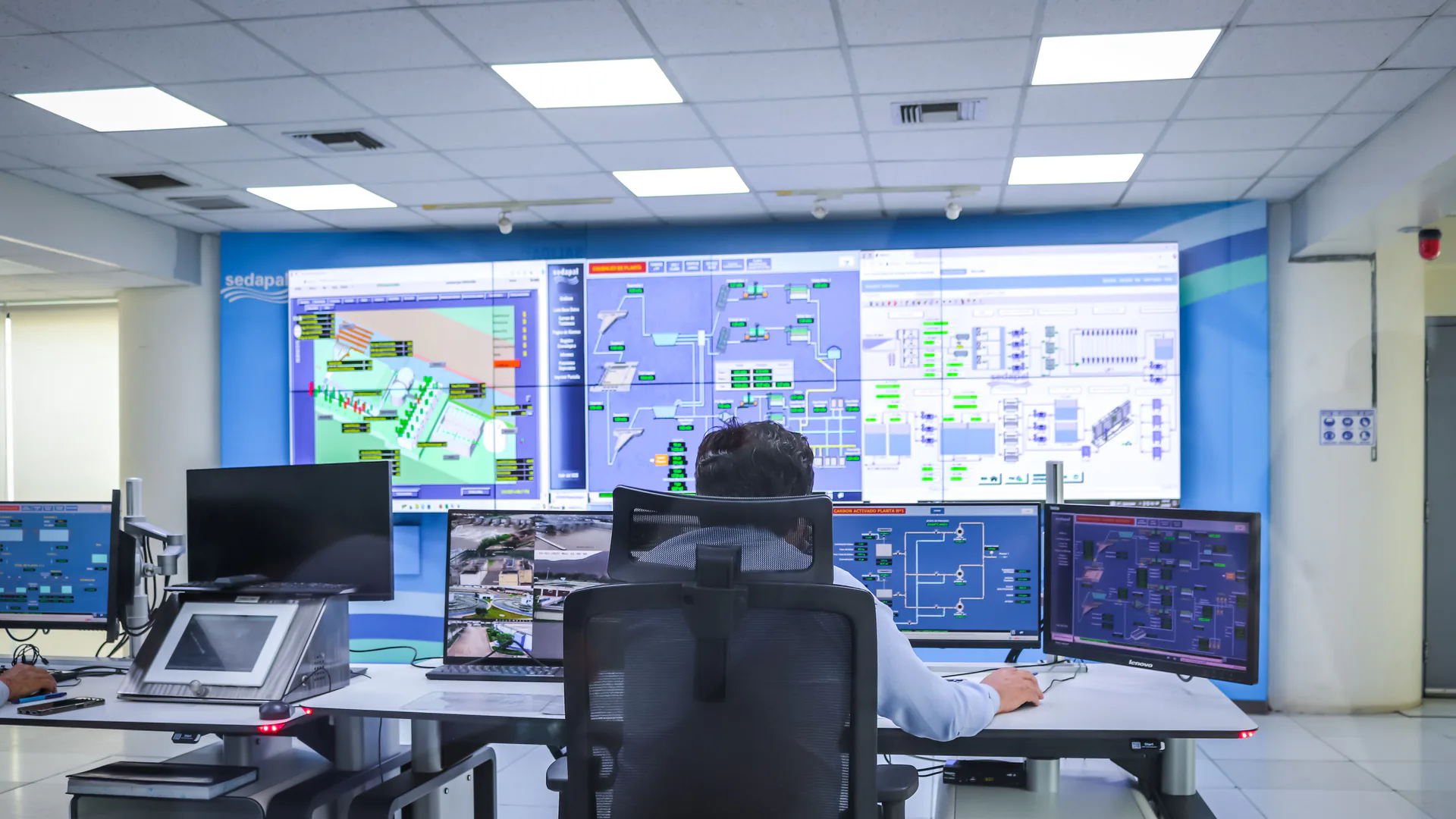 Security operations room combining wall displays operator stations and multiple operational data sources