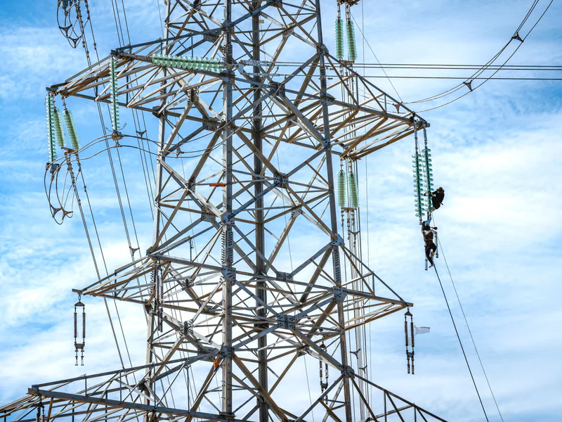 Utility field team near transmission infrastructure where aerial findings are verified and assigned for repair