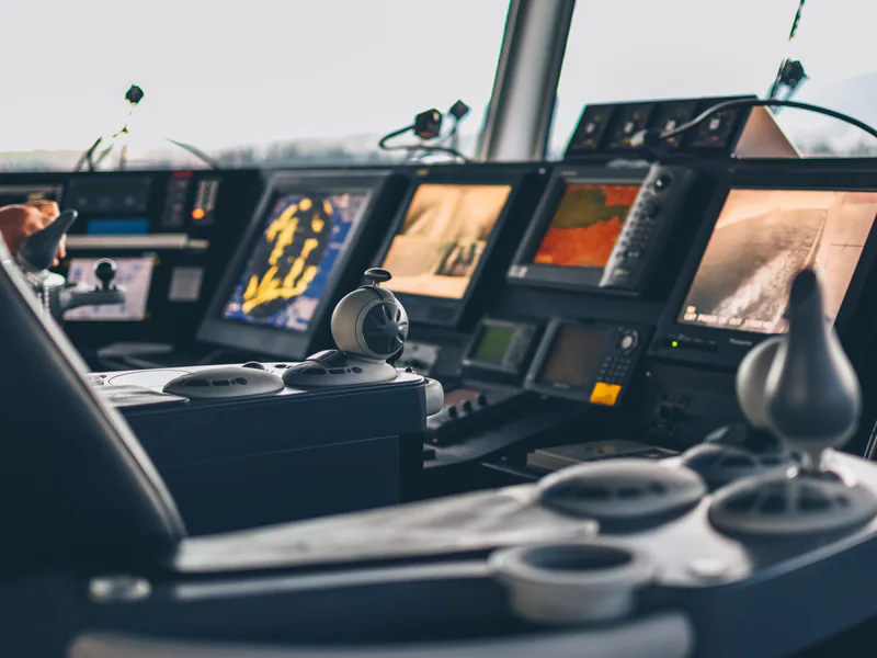 Marine control workstation where ROV video sonar navigation and inspection records are reviewed